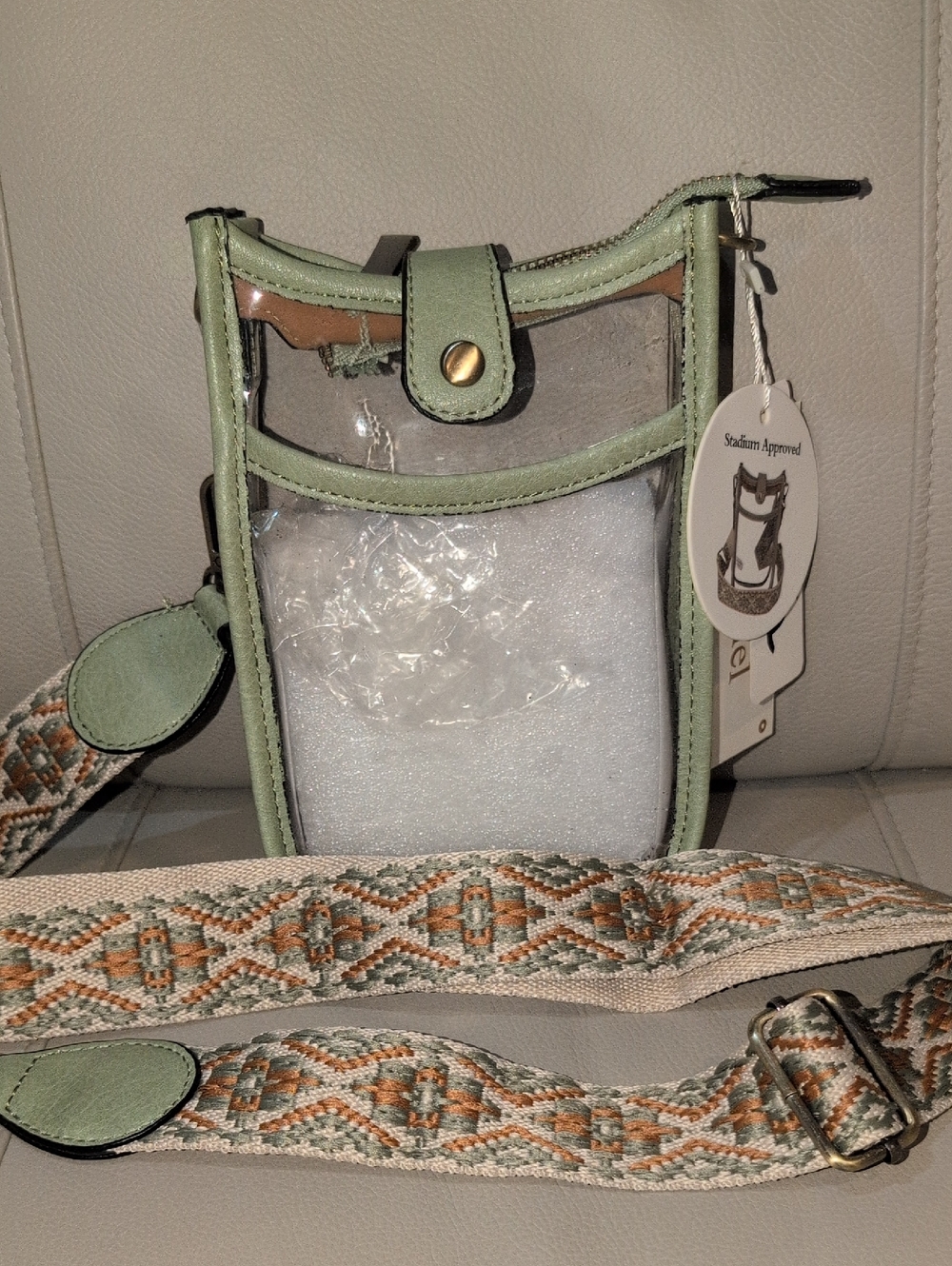 Clear Crossbody Stadium Bag with Mint Green Vegan Trim - NWT